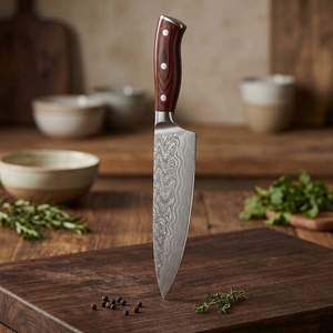Couteau de cuisine professionnel en acier Damas, fait main, à motif, avec une prise confortable pour une utilisation culinaire. - Product Image 2
