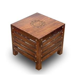 Aqdus Saleem Handmade Wooden Ottoman <b>Cube</b> Storage Side Table with Carved Top Accent Stool for Living Room Bedroom Tabletop - Product Image 5