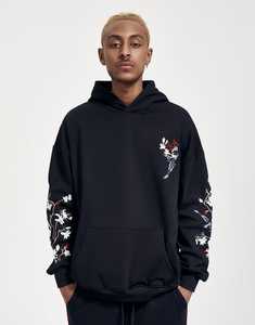 Sudadera con Capucha Negra para Hombre, Bordado Floral, Estilo Casual, Tejido de Algodón, Estilo Otoñal - Product Image 3