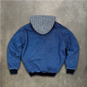 Blouson bomber en jean pour homme à capuche, patchwork à carreaux, fermeture éclair, style décontracté pour l'automne - Product Image 5
