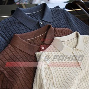 Polo en maille torsadée pour homme, mélange lyocell et lin, motif pointelle rayé, coupe ajustée asiatique, hauts décontractés d'été – Vente en gros - Product Image 6