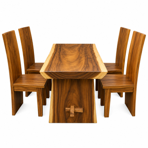 Solid Suar Wood <b>Dining</b> <b>Table</b> <b>Set</b> with Block <b>Dining</b> Chair Suar Wood 1 Modern <b>Rustic</b> Premium Quality Live Edge Design for Hotel - Product Image 1