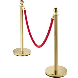 Pali in corda di velluto rosso da 1,5 m (5 piedi) con puntale a sfera in acciaio inossidabile dorato per barriere di controllo della folla - Product Image 1