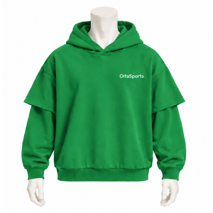 Sweat à capuche vert double couche surdimensionné à manches superposées, pull à épaules tombantes, streetwear décontracté, mode, épais, personnalisé - Product Image 1