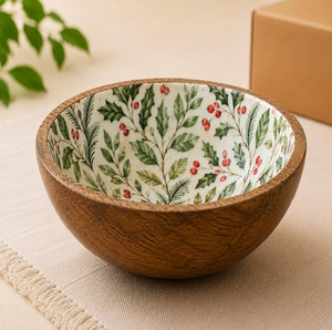 Cuenco de madera pintado a mano con diseño floral en rojo granate y azul verdoso a bajo precio - Product Image 4