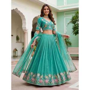 Women's Sea Green Floral <b>Embroidery</b> Organza Lehenga Choli <b>Set</b> with Dupatta - Product Image 4