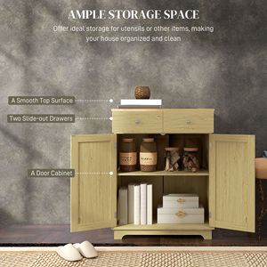 Buffet de cuisine en bois massif avec 2 tiroirs et étagère réglable, meuble de rangement sur pied naturel pour villa, ferme ou salle à manger - Product Image 4