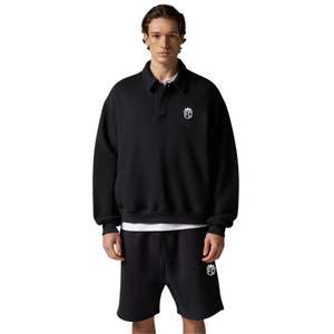Conjunto de Sudadera Polo Negra de Algodón de Alto Gramaje y Pantalones Cortos para Hombre, Ropa Deportiva Urbana con Cuello Acanalado, Conjunto de Moda Deportiva - Product Image 5