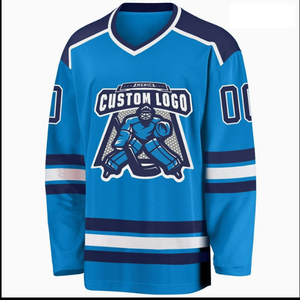 Maillot et chaussettes de hockey sur glace sublimés sur mesure, uniforme bleu en sergé avec rayures et logo d'équipe pour adultes - Product Image 2