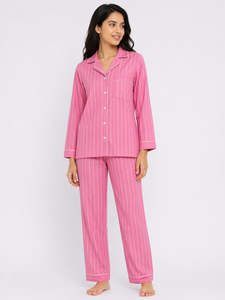 Conjunto de Pijama de Manga Larga a Rayas Rosas para Mujer, Cuello Clásico, Dos Piezas, Ropa de Dormir de Algodón Suave - Product Image 1