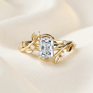 1 Ct Radiant Cut Solitaire Ring Nature Inspired <b>Botanical</b> Leaf Engagement Ring <b>Lab</b> Grown Diamond 14K Yellow Gold Diamond Ring - Product Image 3