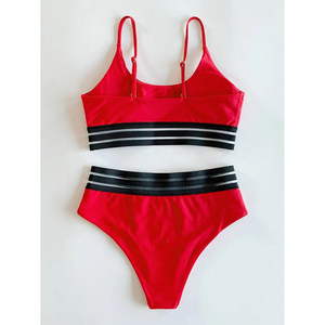 Conjunto de Bikini Rojo para Mujer, Top Bandeau, Braguita de Cintura Alta, Ribete en Contraste, Traje de Baño de Spandex y Poliéster - Product Image 4