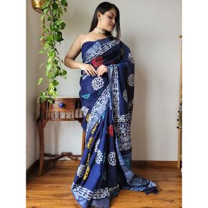IMPRESIÓN DIGITAL DE LINO ATRACTIVA CON FRONTERA PLATEADA TRABAJO SAREE CON BOLUSE AZUL DESCOSTADO - Product Image 1