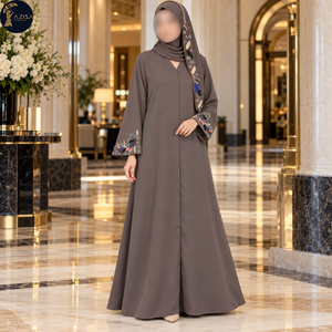 Abaya taupe avec broderie florale multicolore sur les manches |   Robe modeste à ligne A avec décolleté en V et foulard assorti orné de motifs. - Product Image 2