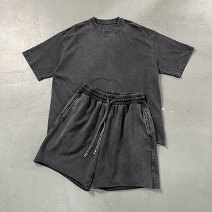 Ensemble T-shirt et short décontracté pour homme, gris uni, 100 % coton respirant, col rond, tissu tricoté, Nouveauté 2026 - Product Image 6