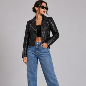 Blouson moto en cuir PU noir pour femme, design matelassé, fermeture éclair sur le devant, détail ceinture, longueur normale, manches longues, coupe ajustée, automne - Product Image 3