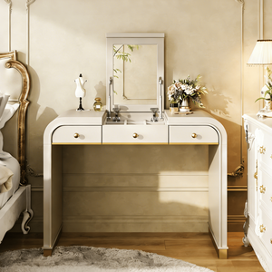 Champagne Classic Wood Vanity <b>Desk</b> for <b>Bedroom</b> 3-in-1 Dressing Table with Flip Mirror and 2 Drawers for Makeup Storage - Product Image 4