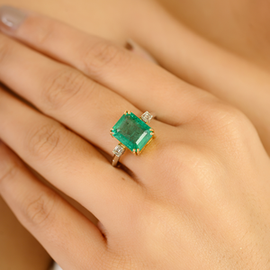 Anillo de Oro Sólido de 18K de Dos Tonos con Esmeralda y Diamante de Doble Engaste, Gema Grande Preciosa, Joyería de Venta Caliente a Precio Mayorista - Product Image 4