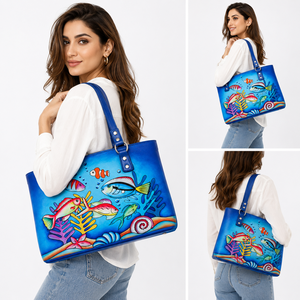 Bolso Tote de Lujo Vintage de Cuero Genuino Pintado a Mano con Diseño de Peces del Océano para Mujer, Bolso de Hombro Personalizado para Compras - Product Image 4
