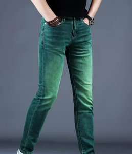 Jeans de Mezclilla para Hombre, Corte Recto, Ajustados, Color Verde Degradado, Cintura Media, Lavado Arena, Algodón, Estilo Casual Otoñal - Product Image 3