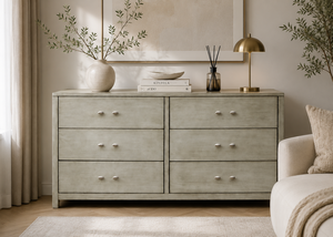 Modern <b>6</b> <b>Drawer</b> Solid Wood Dresser in Gray Panel Design for Bedroom Minimalist Style Freestanding Vietnam Storage Furniture - Product Image 6