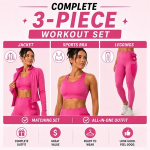 Pink 3 Piece Yoga Set Women's Scoop Neck Crop Top High Sports Bra Waist <b>Leggings</b> <b>Pockets</b> Seamless Spandex/Polyester <b>Workout</b> - Product Image 5