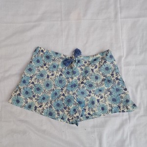Women's Frill Pajama Set Cream Teal Blue Scattered Floral Block Print Cotton Tassel Drawstring Waist Summer Boho Shorts - Product Image 3