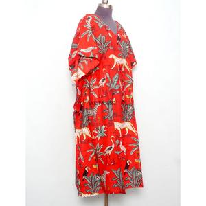 High Quality Custom Block Printing Fabric Kaftan <b>Dress</b> Drawstring Tie Waist Design Loose Fit Long Summer Beach Women's Caftan - Product Image 5
