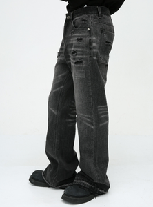 Jean droit évasé taille haute pour homme, style vintage, grandes tailles, avec denim délavé et ourlet effiloché pour un look audacieux - Product Image 3