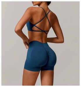 Ensemble de yoga personnalisé pour femme, dos nu à double bretelle, taille élastique, respirant, séchage rapide, soutien-gorge de sport et short moulant, couleur unie, été 2 - Product Image 5