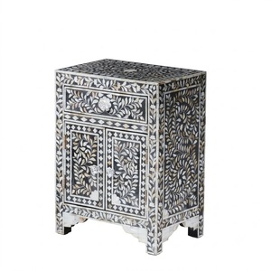 <b>Black</b> and White Floral Bone Inlay <b>Bedside</b> Table Wholesale Indian Wooden Nightstand with <b>Drawers</b> and Storage Cabinet For Bedroom - Product Image 2