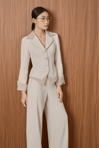 Blazer 2026 con Solapa Entallada, Elegante/Oficina/Clásico Moderno, Traje BEIGE Sólido con Detalle en Contraste, Blazer Corto Crema KA72 - Product Image 3