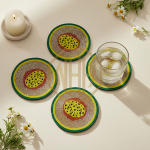 Handcrafted Eco-Friendly Modern Beaded Tomato Tea Coaster 100mm Diameter Orange Green Decorative Table Accessory for Fresh Touch - Product Image 5