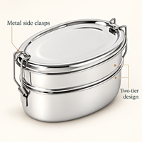 Boîte à lunch ovale à double étage en acier inoxydable, récipient alimentaire étanche avec couvercle pour adultes, école, bureau