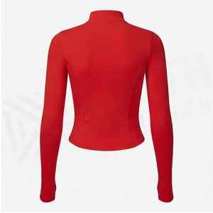 Red Full Sleeve Zip Front Ribbed Yoga <b>Top</b> <b>Sweat</b> Wicking Seamless Sportswear Women's Activewear - Product Image 2