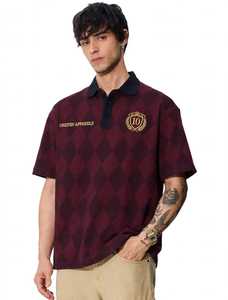 ONETEN APPARELS Camisa polo unisex de manga corta con estampado argyle color granate, informal, para verano - Product Image 1
