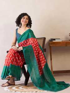 Sari en soie à séchage rapide avec imprimé dessiné à la main orange et vert, bordure contrastante, tenue ethnique indienne traditionnelle pour femme, décontractée, mariage, bal de promo - Product Image 3