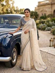 Sari de seda Rangoli premium con hermoso bordado de lentejuelas y hilo en el borde, combinado con una blusa de seda contrastante lista para usar. - Product Image 2