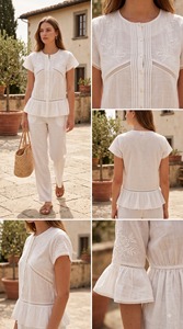 Chemisier d'été décontracté en coton blanc tissé à manches courtes, brodé, avec bas évasé et boutons sur le devant, taille naturelle, XS-5XL - Product Image 1