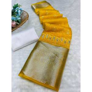 Sari en soie organza de créateur avec travail jacquard Kora et blouse non cousue jaune - Product Image 1