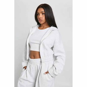 Ensemble de survêtement 2 pièces blanc pour femme, coupe ample, manches longues, haut court décontracté avec découpes et pantalon large - Product Image 2