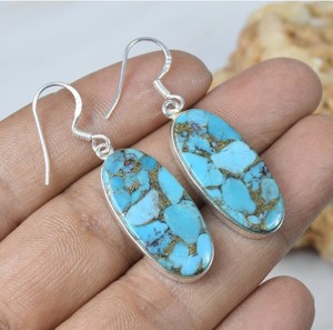Wholesale Natural Blue Copper Turquoise <b>Earrings</b> 925 Sterling <b>Silver</b> Handmade Oval Drop <b>Dangle</b> Women's Gift Vintage - Product Image 3