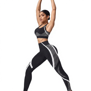 Women Solid 2Pcs Yoga Set High Waist Leggings Sports Bra Racerback Neck Full Length - Product Image 6