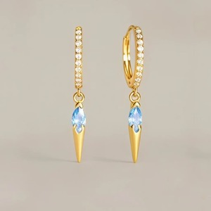 Aquamarine Quartz With Cz Quartz Paved Spike Hoop <b>Earring</b> - 925 Sterling Silver, Faceted Oval Shape Gemstone Dangle For Women - Product Image 1