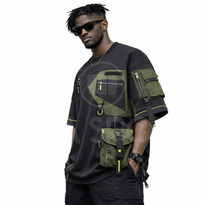 Premium Men's Half Sleeve Solid Color Oversized Streetwear Multi-Pocket Tech Wear Long T-Shirt 100% Cotton Breathable Quick Dry - Product Image 2