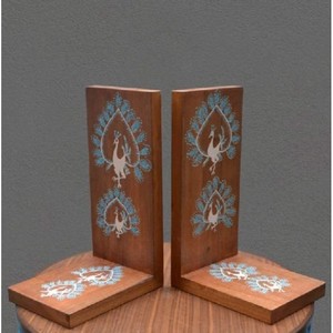 Handcrafted Wooden <b>Bookends</b> with Stone Inlay - Wholesale Decorative Shelf Supports - Product Image 1