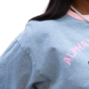 Custom Light Blue Women's Embroidered T Shirts with Green Crest Design <b>Pink</b> Lettering Short Sleeve Crew Neck Casual Fashion <b>Tops</b> - Product Image 4