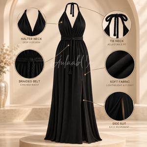 Robe longue élégante noire à col licou, décolleté plongeant, ceinture tressée à la taille, tissu fluide et doux, fente latérale, idéale pour l'été, la plage, les soirées et les fêtes. - Product Image 5