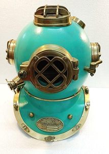 Casco de Buceo Réplica Antiguo de Latón, Modelo US Navy Mark V, Acabado Azul, Estilo Náutico Boston Divers, Embalaje Creativo para Buceo en Aguas Profundas - Product Image 3