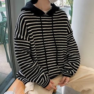 เสื้อสเวตเชิ้ตผู้ชายแบบมีฮู้ดทรงโอเวอร์ไซส์ ลายทางสีดำขาว มีซิป สวมใส่สบายๆ สำหรับฤดูใบไม้ร่วง ระบายอากาศได้ดี ทรงปกติ - Product Image 3